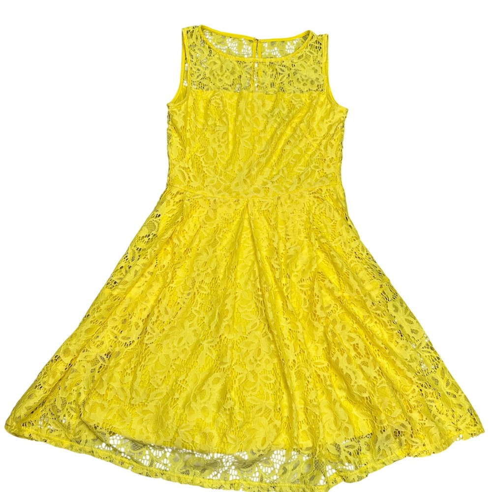 Roz & Ali Yellow Floral Lace Sleeveless Fit‎ and Flare Sun Dress Sz 8 Round Neck
